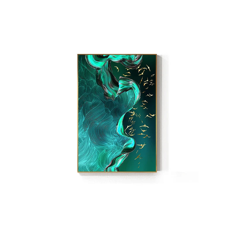 Golden Birds Flowing Abstract Landscapes Wall Art Fine Art Canvas Prints - Modern Art For Living Room Dining Room Light Luxury Auspicious Home Decor