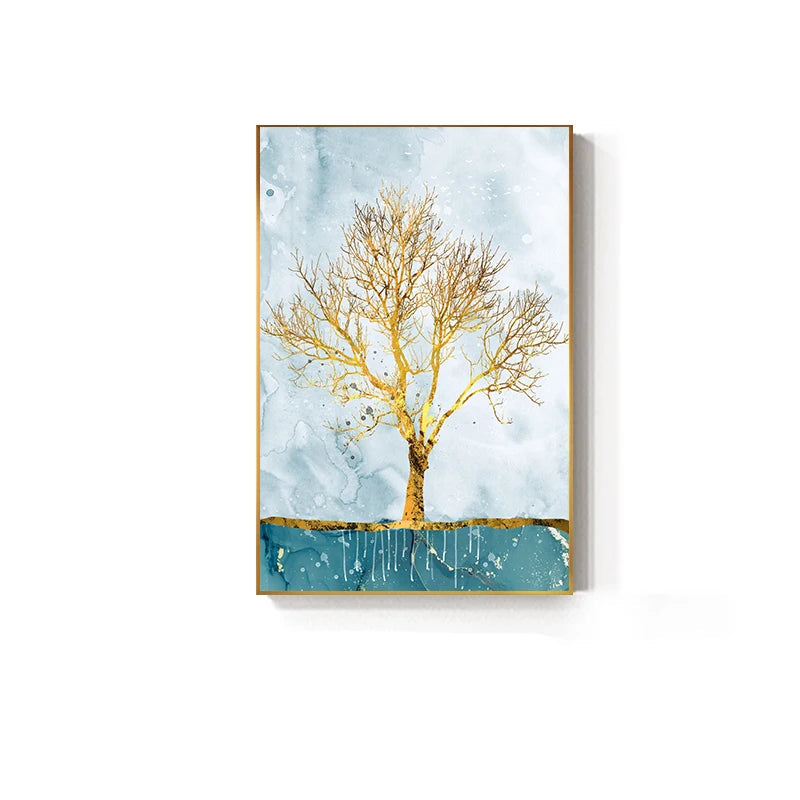 Golden Birds Butterfly Tree Auspicious Wall Art Fine Art Canvas Prints - Light Luxury Abstract Landscape Pictures For Living Room Dining Room Art For Modern Interiors