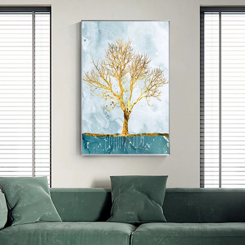 Golden Birds Butterfly Tree Auspicious Wall Art Fine Art Canvas Prints - Light Luxury Abstract Landscape Pictures For Living Room Dining Room Art For Modern Interiors