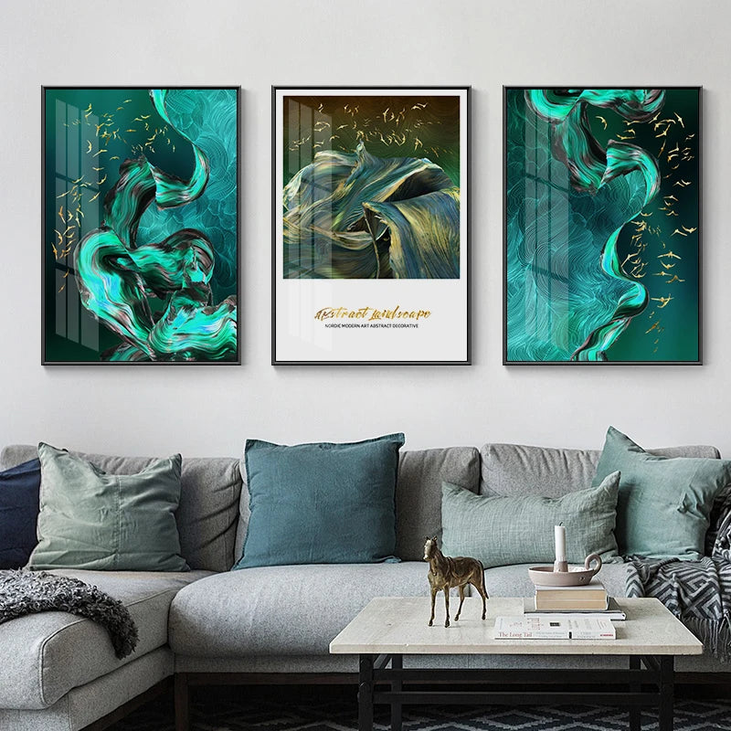 Golden Birds Flowing Abstract Landscapes Wall Art Fine Art Canvas Prints - Modern Art For Living Room Dining Room Light Luxury Auspicious Home Decor