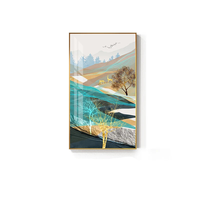 Golden Deer Auspicious Landscape Wall Art Fine Art Canvas Prints - Modern Luxury Abstract Artworks For Living Room Dining Room Home Office Art Decor
