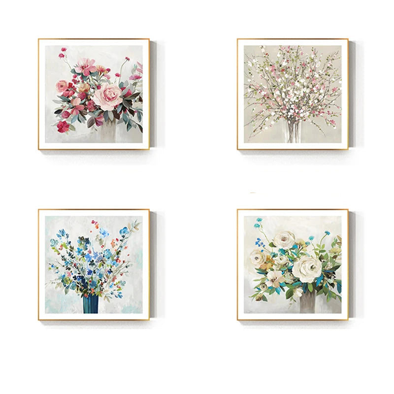 Pink Blue Delightful Floral Wall Art Fine Art Canvas Prints - Modern Square Format Botanical Art For Living Room Dining Room Bedroom Art Decor