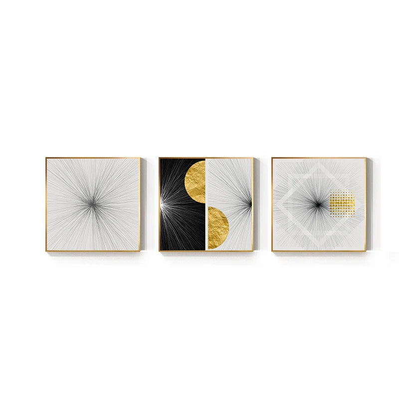 Modern Abstract Black White Golden Sun Wall Art Fine Art Canvas Prints - Square Format Artworks For Living Room Dining Room Art For Contemporary Interiors