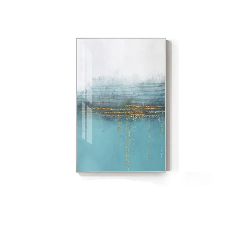 Minimalist Light Blue Grey Golden Abstract Wall Art Fine Art Canvas Prints - Art For Modern Apartment Living Room Bedroom Office Art For Contemporary Interiors