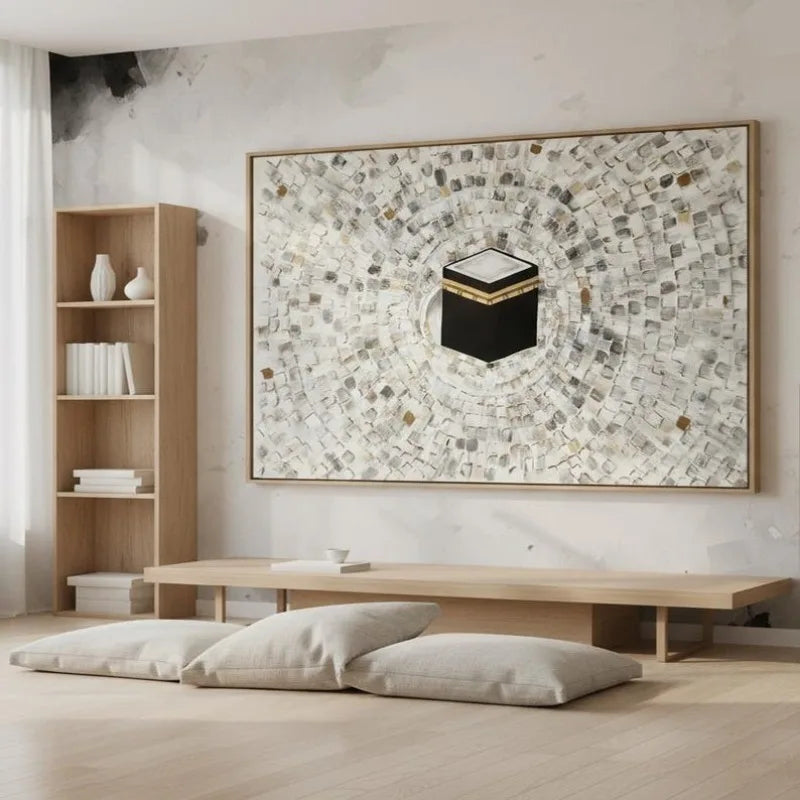 Kaaba Islamic Canvas Print Wall Art – Modern Neutral Mecca Illustration with Gold Accents for Living Room, Prayer Space & Contemporary Muslim Home Décor (Unframed)