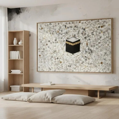 Kaaba Islamic Canvas Print Wall Art – Modern Neutral Mecca Illustration with Gold Accents for Living Room, Prayer Space & Contemporary Muslim Home Décor (Unframed)