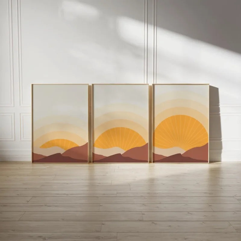 Large 3‑Panel Geometric Sunrise Canvas Print Wall Art – Warm Earthy Orange & Brown Unframed Modern Abstract Landscape for Contemporary Home Interior Decor