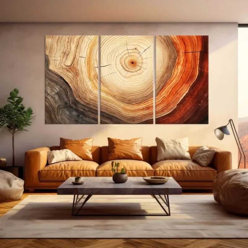 A three-panel canvas wall art set depicting a detailed wood grain or tree trunk cross-section pattern in warm tones, displayed above a tan leather sofa in a modern living room setting.