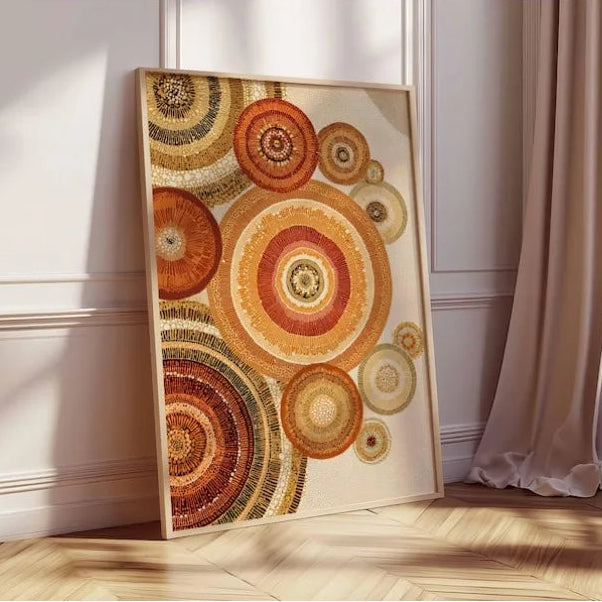 Large Abstract Concentric Circles Canvas Print Wall Art – Warm Earthy Orange, Red & Brown Geometric Artwork for Modern Interior Decor
