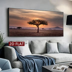 A large rectangular wall art print showing a savanna landscape with a lone tree at sunset, displayed above a light gray sofa in a modern living room. The print has a thin dark frame, and a red label reading '2D FLAT' appears near the lower left of the artwork.