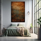 A large vertical canvas print featuring an ancient Egyptian hieroglyphic design in earthy brown, gold, and teal tones, displayed on a light gray wall above a neatly made bed in a modern, sunlit bedroom.