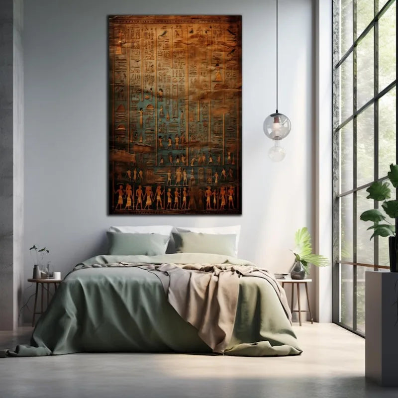 A large vertical canvas print featuring an ancient Egyptian hieroglyphic design in earthy brown, gold, and teal tones, displayed on a light gray wall above a neatly made bed in a modern, sunlit bedroom.