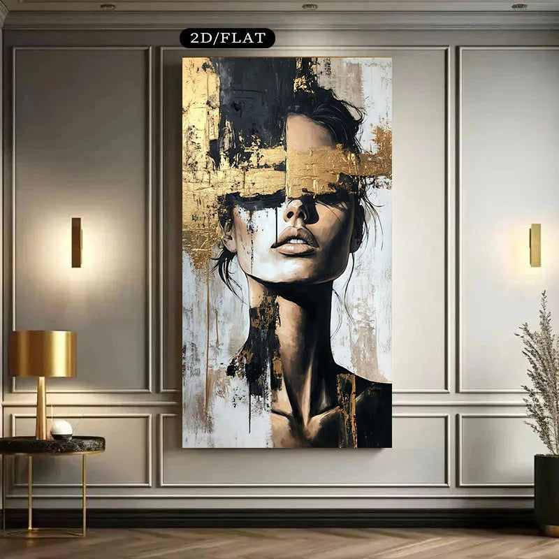 Large Format Golden‑Accented Abstract Portrait Canvas Print – Modern Chic Black White Wall Art for Contemporary Living Rooms, Salon Hallways & Luxury Minimalist Interiors