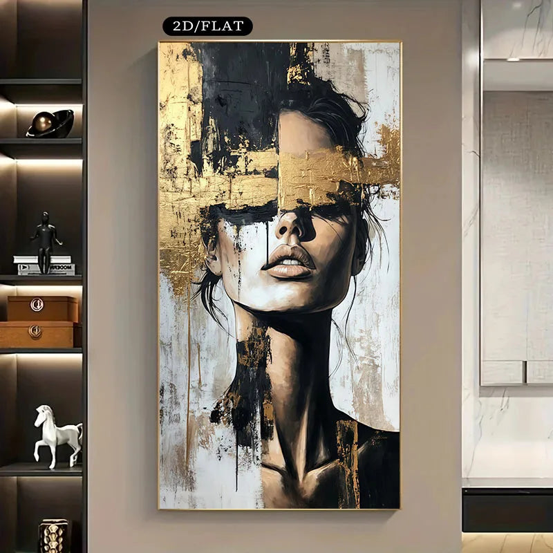 Large Format Golden‑Accented Abstract Portrait Canvas Print – Modern Chic Black White Wall Art for Contemporary Living Rooms, Salon Hallways & Luxury Minimalist Interiors