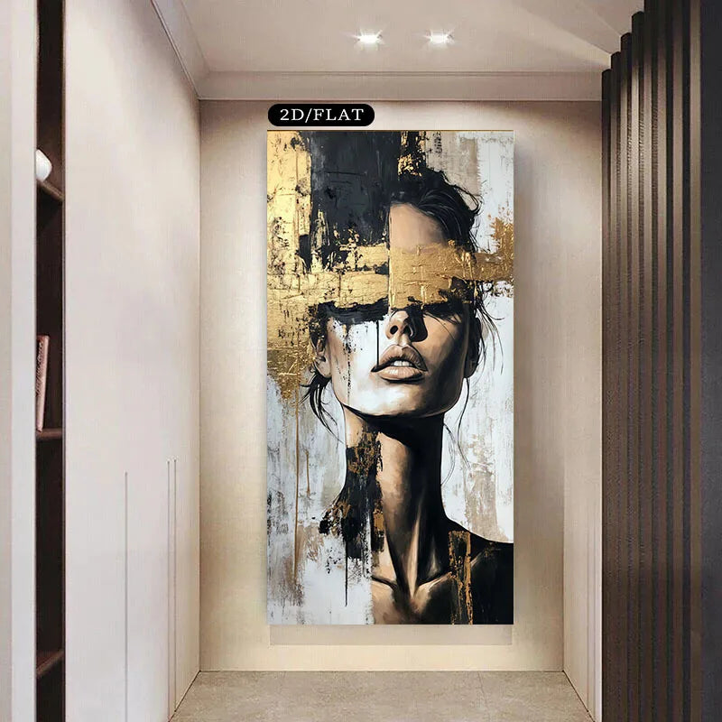 Large Format Golden‑Accented Abstract Portrait Canvas Print – Modern Chic Black White Wall Art for Contemporary Living Rooms, Salon Hallways & Luxury Minimalist Interiors