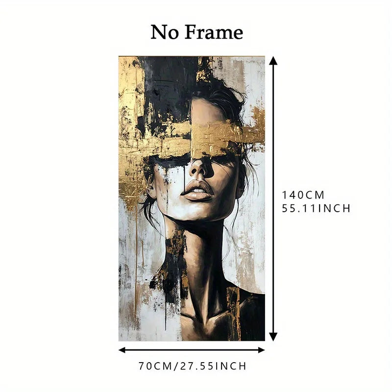 Large Format Golden‑Accented Abstract Portrait Canvas Print – Modern Chic Black White Wall Art for Contemporary Living Rooms, Salon Hallways & Luxury Minimalist Interiors
