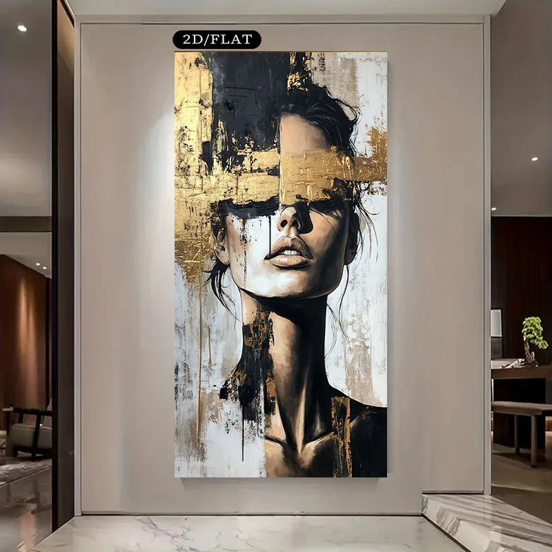 Large Format Golden‑Accented Abstract Portrait Canvas Print – Modern Chic Black White Wall Art for Contemporary Living Rooms, Salon Hallways & Luxury Minimalist Interiors
