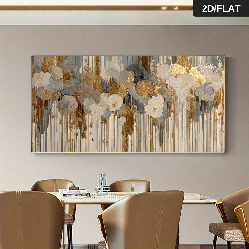 Large rectangular abstract wall art hanging above a dining table and chairs in a modern interior. The artwork features layered floral and brushstroke motifs in white, beige, gold, gray, and muted blue tones on a light neutral wall.