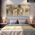 A large rectangular abstract wall art piece with gold, beige, gray, and white floral-like brushstrokes hangs above a neatly made bed in a modern bedroom. The scene includes bedside tables, lamps, pillows, and a gray headboard.