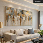 Large rectangular abstract wall art with gold, beige, white, and gray brushstrokes hanging above a light beige sofa in a modern living room. 