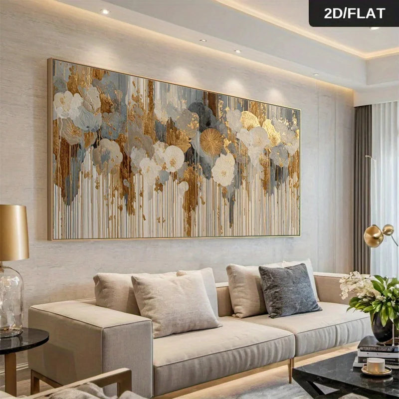 Large rectangular abstract wall art with gold, beige, white, and gray brushstrokes hanging above a light beige sofa in a modern living room. 