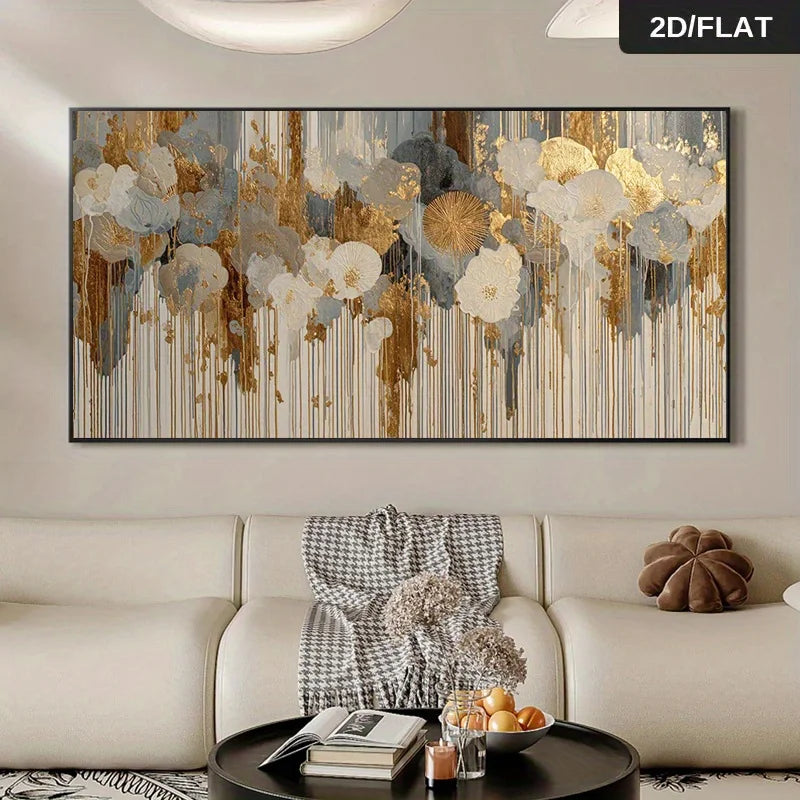 Large abstract wall art hanging above a cream sofa in a modern living room. The artwork features layered floral shapes and vertical brushstroke drips in beige, gold, gray, and white tones.