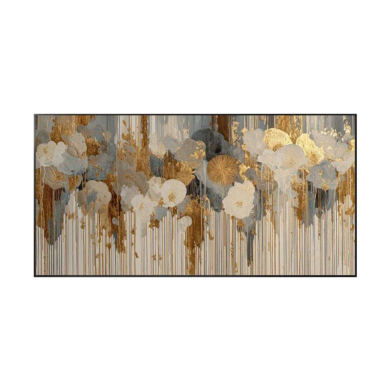 Abstract floral wall art featuring white and gold flowers with gray and brown accents, set against a background of vertical gold and beige brushstrokes.