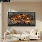 A large framed wall art piece showing a detailed 3D-style tree of life with glowing warm light through textured bark and roots, displayed above a cream sofa in a modern living room. A black label in the top-left corner reads '2D/FLAT'.