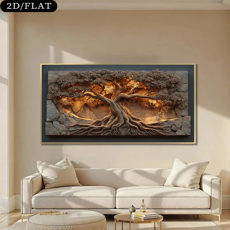 A large framed wall art piece showing a detailed 3D-style tree of life with glowing warm light through textured bark and roots, displayed above a cream sofa in a modern living room. A black label in the top-left corner reads '2D/FLAT'.