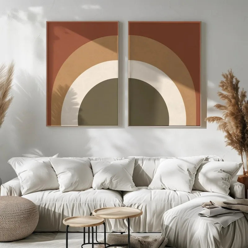 Large Geometric Abstract Rainbow Terracotta Beige Olive Canvas Print Wall Art for Modern Minimalist Living Room and Contemporary Home Décor