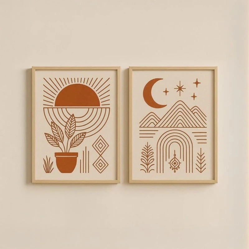 Two framed minimalist art prints with warm terracotta illustrations hang side by side on a cream wall. The left print shows a sun, plant, and geometric shapes, and the right print shows a crescent moon, stars, mountains, and arches.