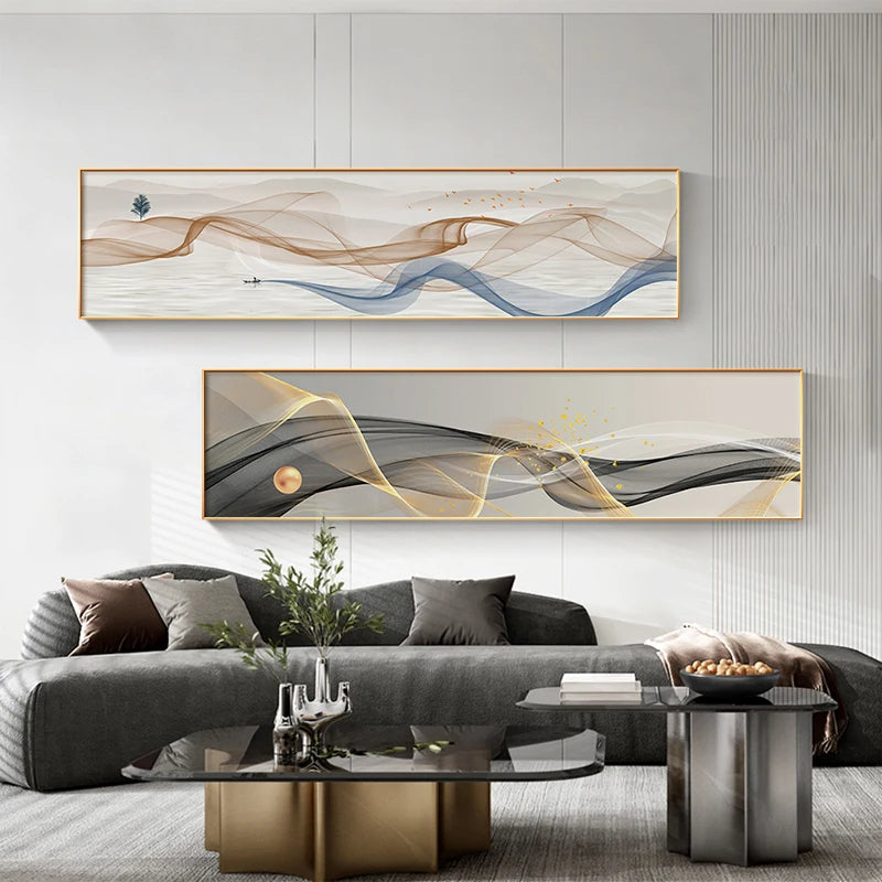Light Luxury Abstract Flowing Ribbon Landscape Wall Art Fine Art Canvas Prints - Wide Format Art For Above The Sofa Art For Above The Bed