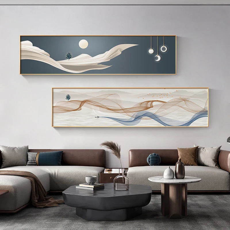 Light Luxury Abstract Flowing Ribbon Landscape Wall Art Fine Art Canvas Prints - Wide Format Art For Above The Sofa Art For Above The Bed