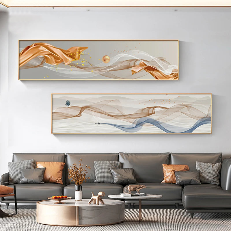 Light Luxury Abstract Flowing Ribbon Landscape Wall Art Fine Art Canvas Prints - Wide Format Art For Above The Sofa Art For Above The Bed