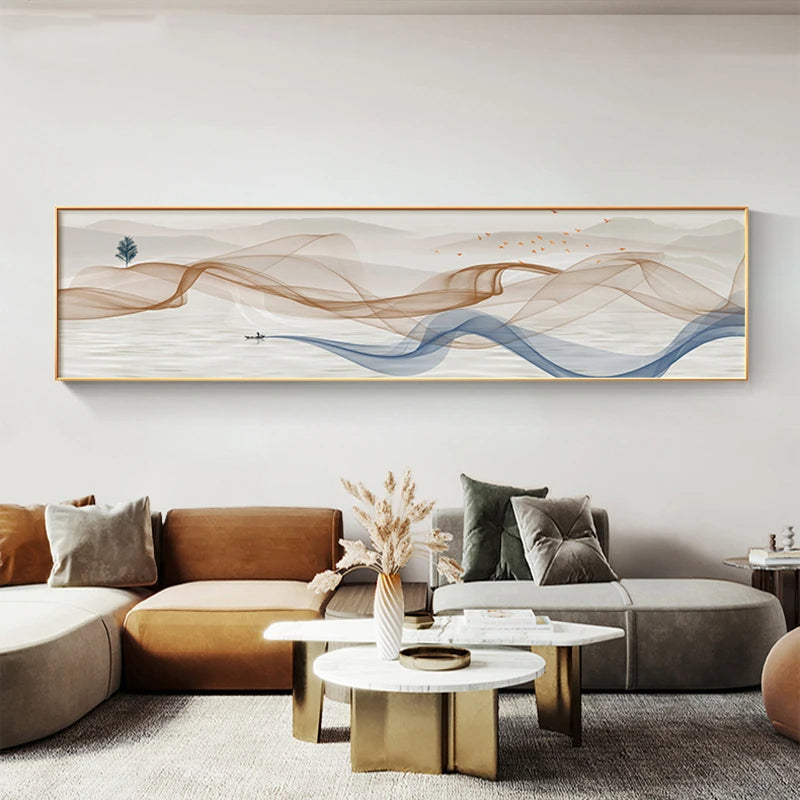 Light Luxury Abstract Flowing Ribbon Landscape Wall Art Fine Art Canvas Prints - Wide Format Art For Above The Sofa Art For Above The Bed