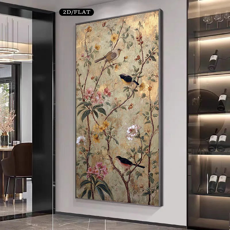 Decorative wall art with birds and flowers in a modern interior setting