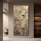 Decorative painting of birds and flowers on a wall in a modern interior setting.