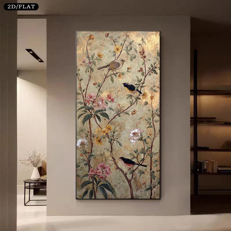 Decorative painting of birds and flowers on a wall in a modern interior setting.