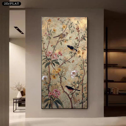 Decorative painting of birds and flowers on a wall in a modern interior setting.