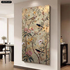 Decorative wall art with birds and flowers on a neutral wall in a modern room.