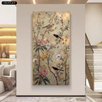 Decorative wall art with floral and bird design in a modern interior setting.