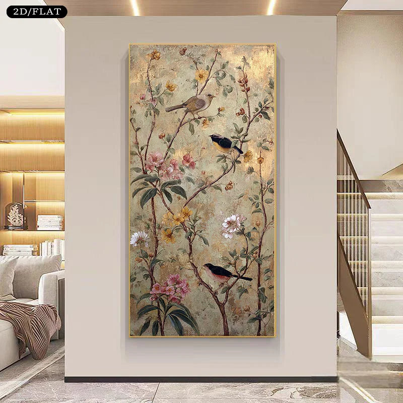 Decorative wall art with floral and bird design in a modern interior setting.