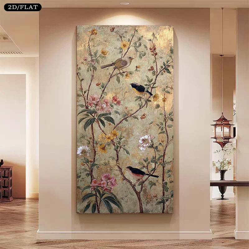 Decorative wall art with birds and flowers on a beige wall in a home setting.