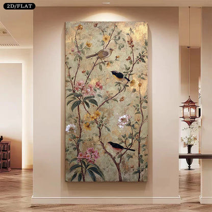 Decorative wall art with birds and flowers on a beige wall in a home setting.