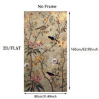 Floral wallpaper with birds and measurements on a white background