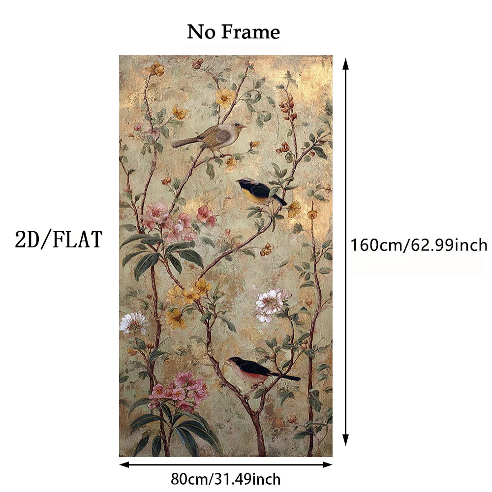 Floral wallpaper with birds and measurements on a white background