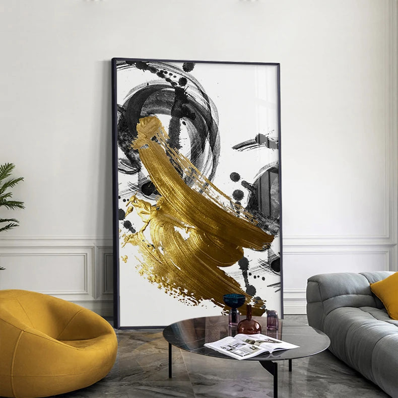 Light Luxury Black Golden Thick Brush Abstract Wall Art Fine Art Canvas Prints - Modern Art For Living Room Dining Room Art For Contemporary Interiors