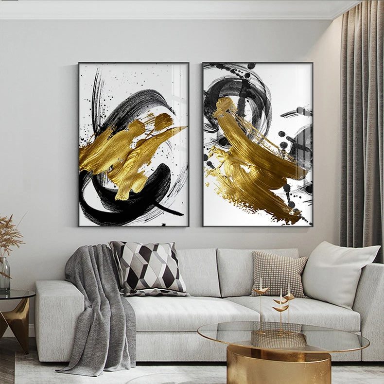 Light Luxury Black Golden Thick Brush Abstract Wall Art Fine Art Canvas Prints - Modern Art For Living Room Dining Room Art For Contemporary Interiors