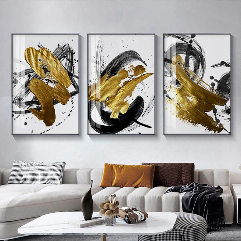 Light Luxury Black Golden Thick Brush Abstract Wall Art Fine Art Canvas Prints - Modern Art For Living Room Dining Room Art For Contemporary Interiors