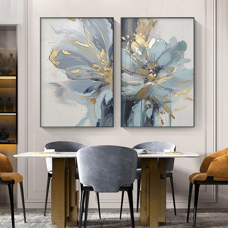 Light Luxury Blue Golden Floral Wall Art Fine Art Canvas Prints - Modern Botanical Pictures For Living Room Dining Room Art For Contemporary Home Decor